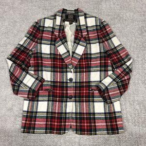 Express Blazer Jacket Womens Large Wool Blend Red Ivory Tartan Plaid Vintage 90s